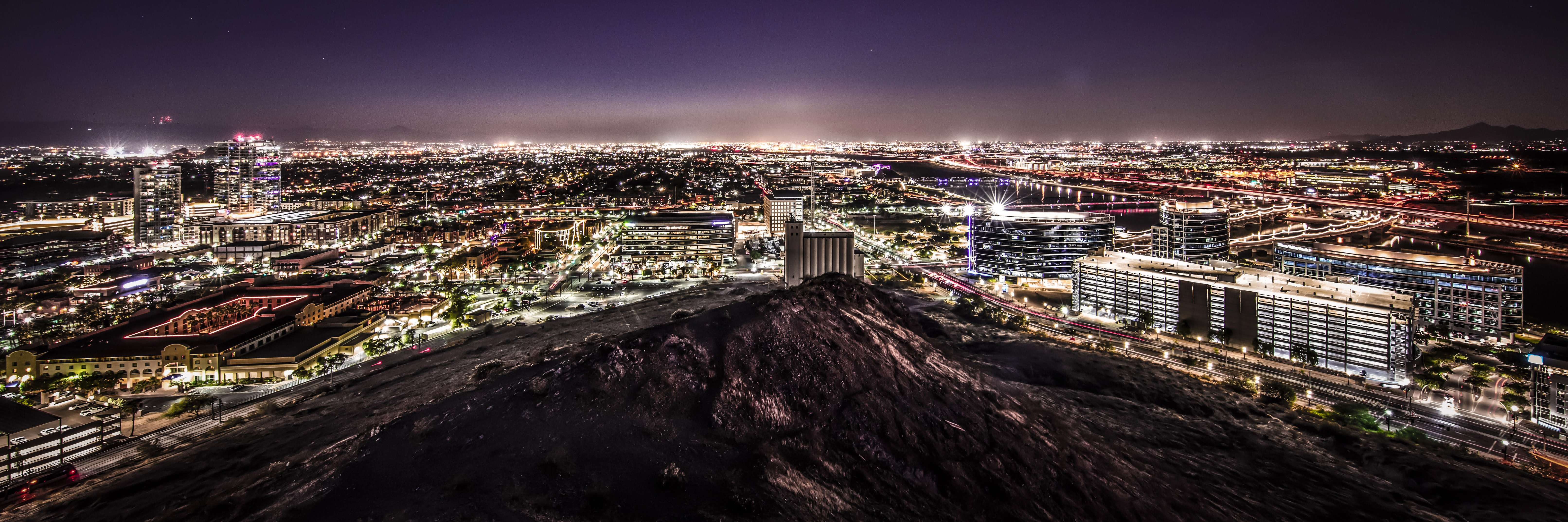 Nighttime view from Tempe Butte overlooking Tempe, Phoenix, and Sky Harbor Airport